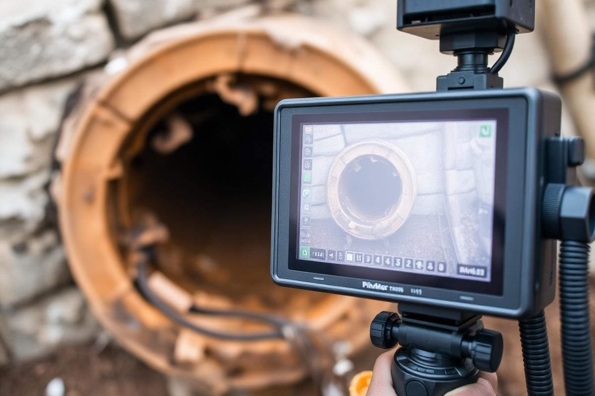 Drain inspection camera monitor showing the deteriorated internal wall of an underground sewer pipe